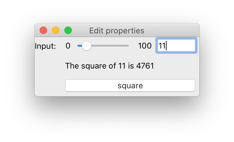Dialog showing 'The square of 11 is 4761'