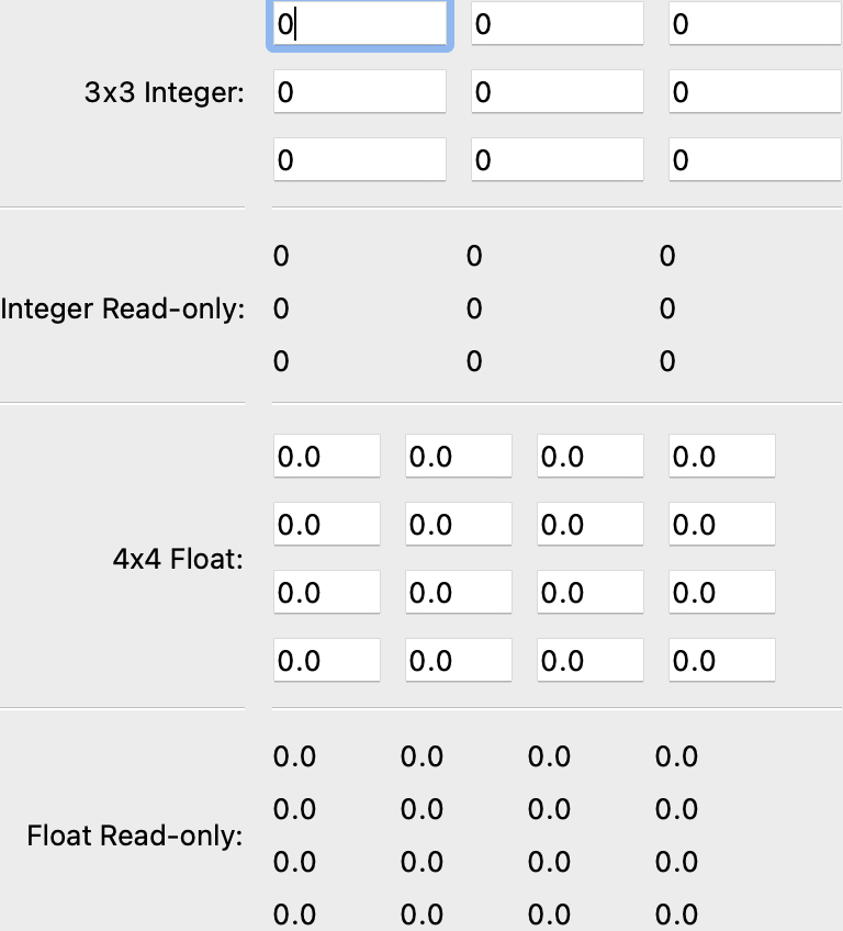 3x3 integer; integer read-only; 4x4 float; float read-only