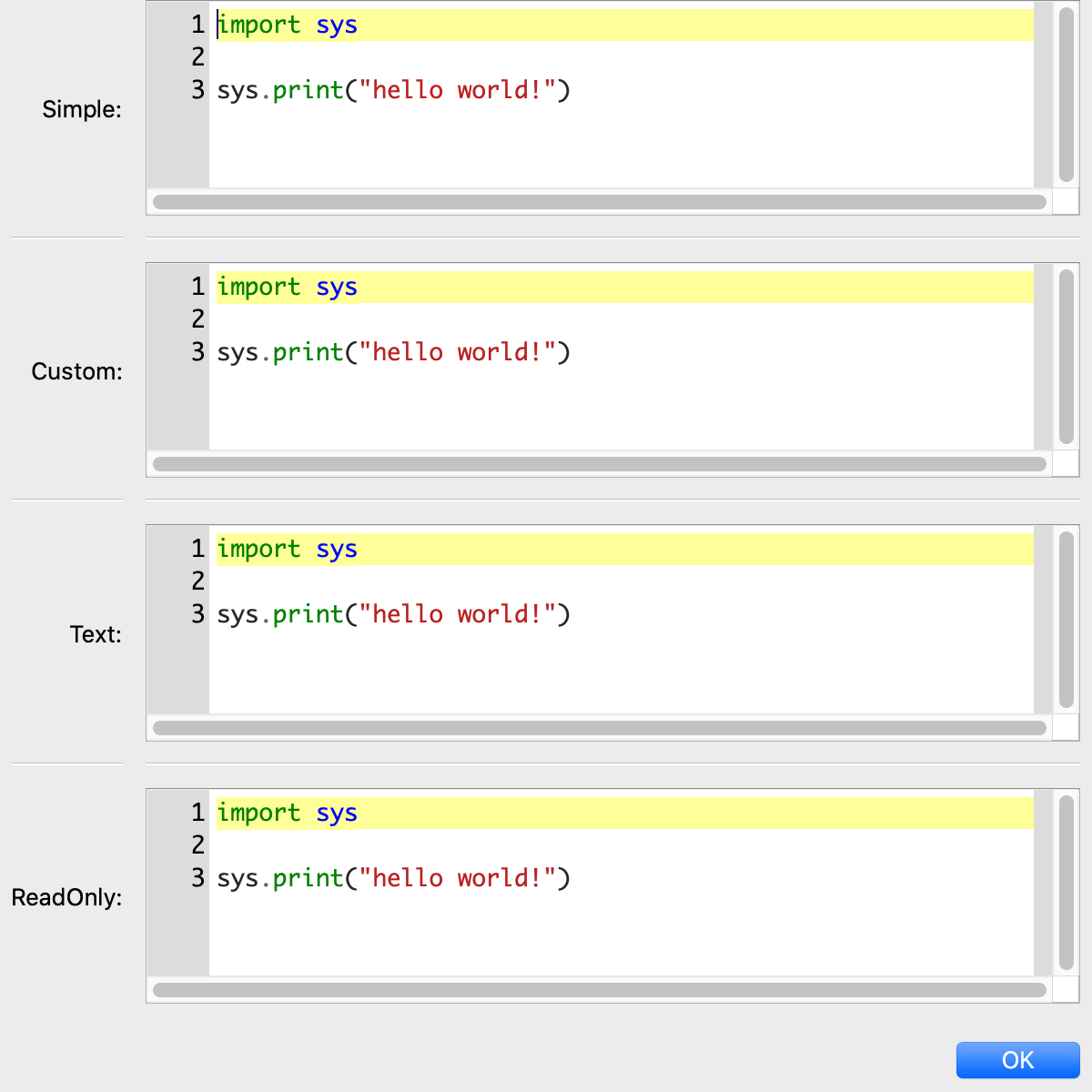 simple, custom, and read-only: multi-line, numbered, text field; text: single line text field