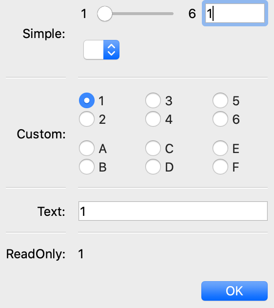 simple: slider for numbers, drop-list for letters; custom: radio buttons for both