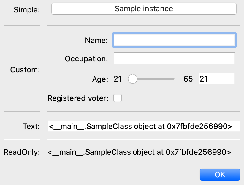 simple: button; custom: editors for instance traits; text and custom: str() of instance