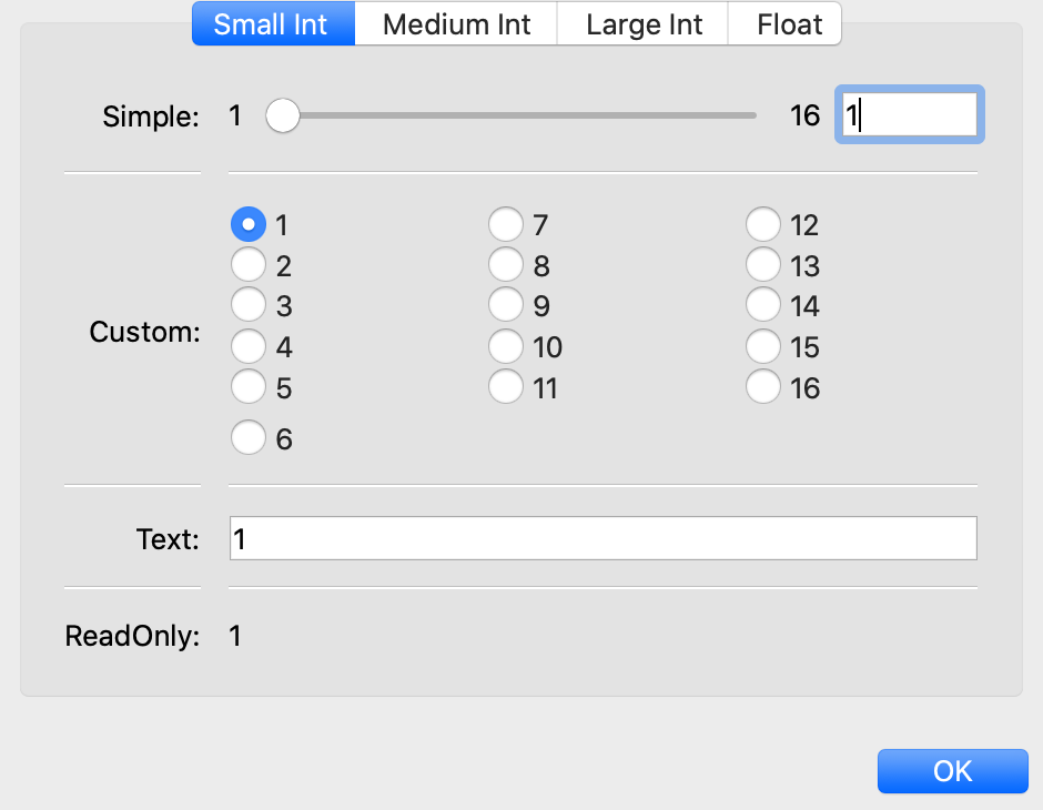 slider with text box; radio buttons; text box; static text; spin box; large-range slider