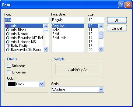 MS Windows font selection dialog box